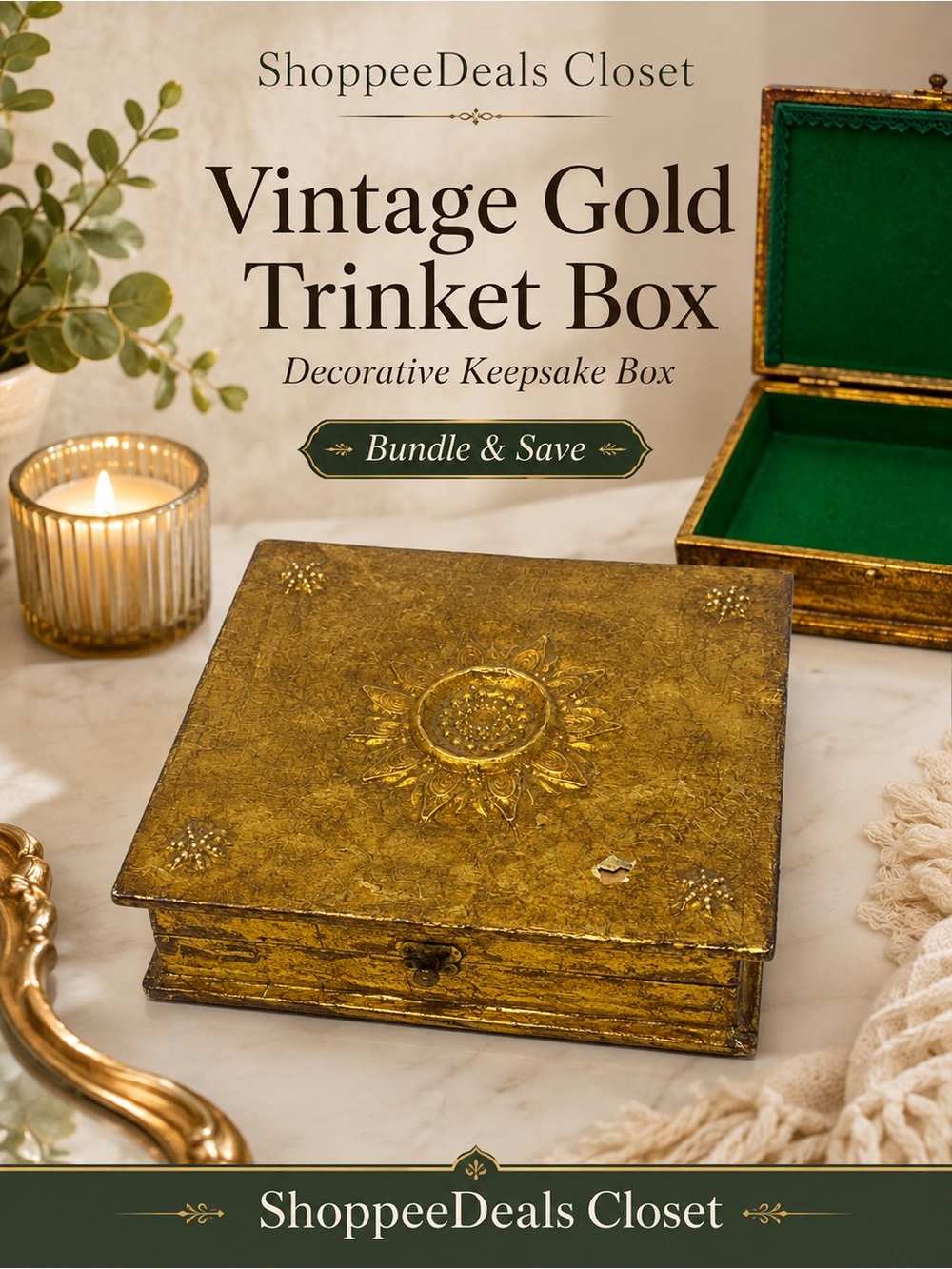 Vintage Gold Gilt Florentine Style Trinket Jewelry Box Green Felt Sunburst